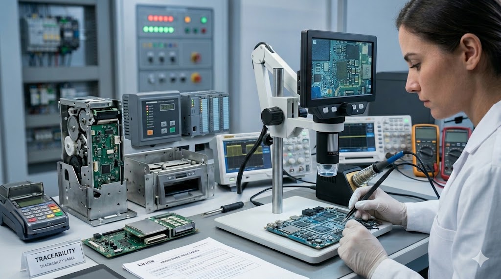 Profissional realizando análise de placa eletrônica em bancada no laboratório da Lince