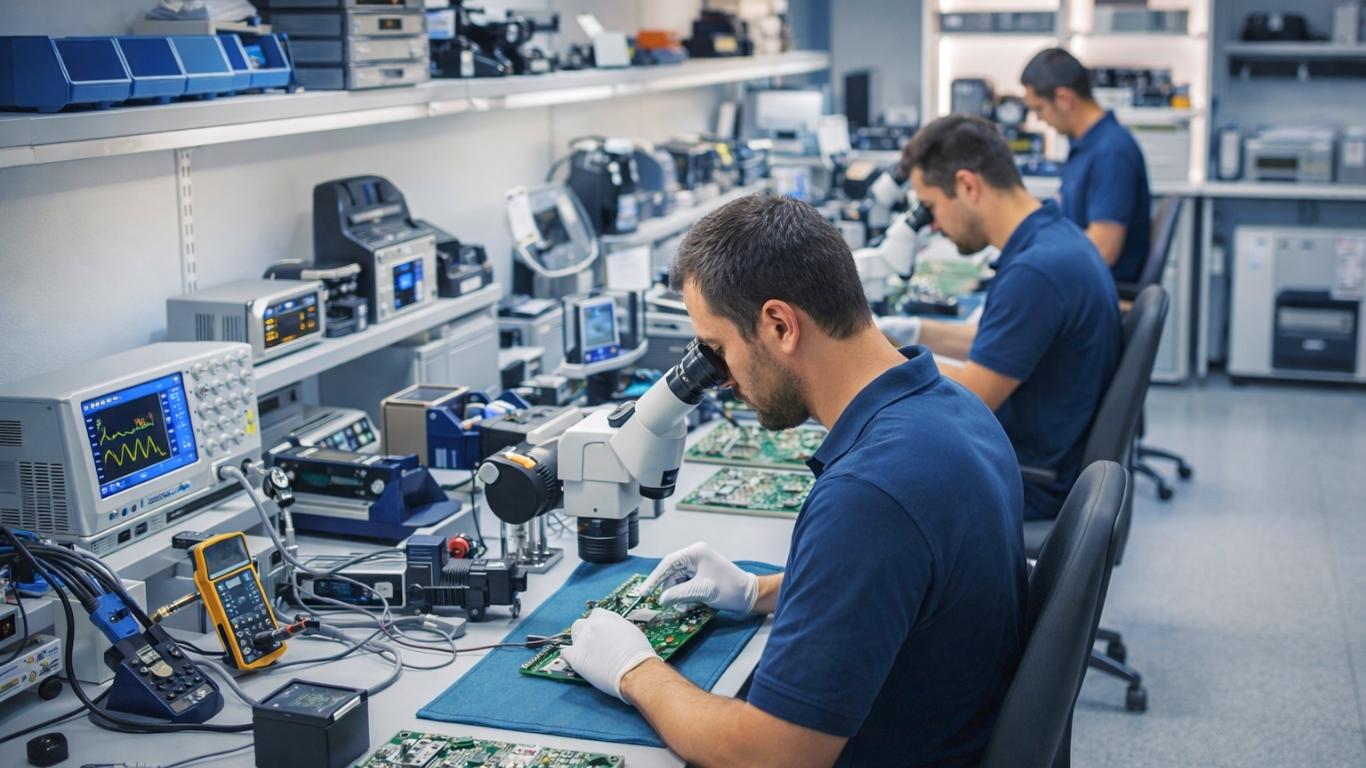 Profissional realizando análise de placa eletrônica em bancada no laboratório da Lince